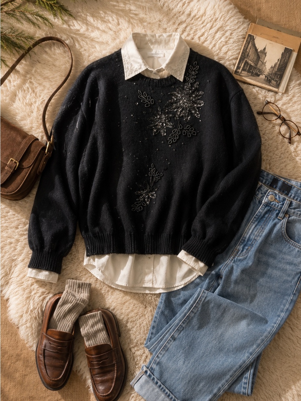 Vintage Black Angora Wool Beaded Floral